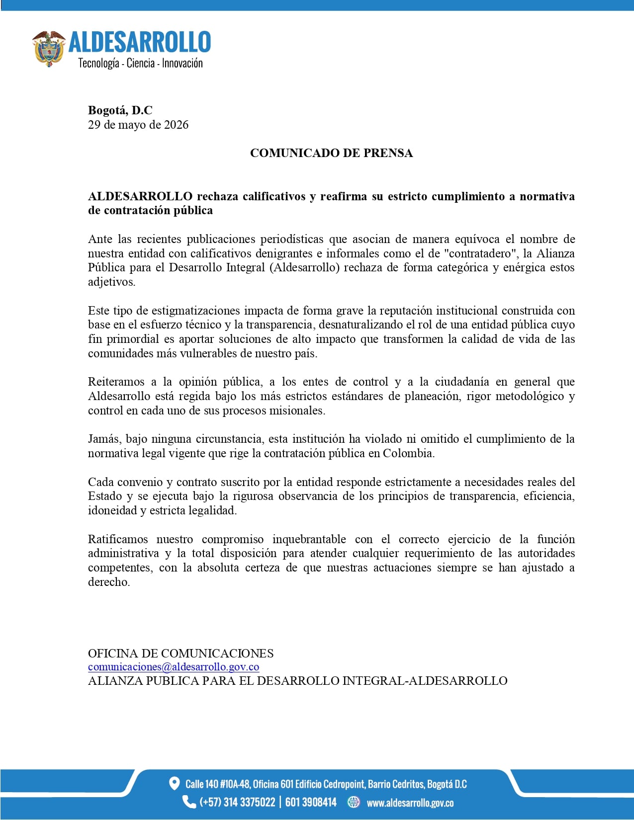 Aldesarrollo se pronunció tras las denuncias sobre millonarios convenios públicos - crédito Suministrado a Infobae Colombia