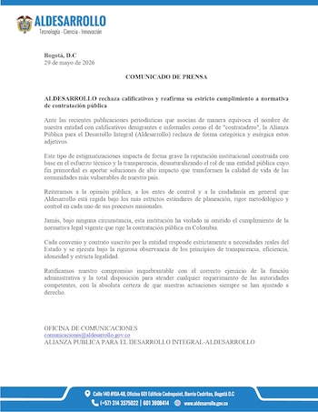 Aldesarrollo se pronunció tras las denuncias sobre millonarios convenios públicos - crédito Suministrado a Infobae Colombia