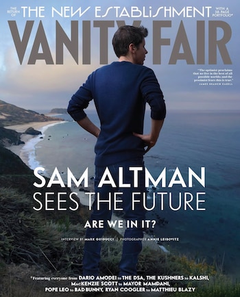 Portada de revista con Sam Altman de espaldas frente al mar, con suéter azul y pantalones vaqueros, con titulares superpuestos