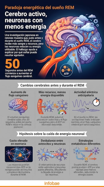 Infografía sobre la paradoja energética del sueño REM con una ilustración de un cerebro, vasos sanguíneos, neuronas y moléculas ATP, junto a seis gráficos explicativos.