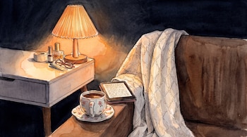 Mesa de noche con lámpara encendida, cinta adhesiva, dos frascos pequeños, gafas, sillón con manta, taza con bebida y libro electrónico abierto.