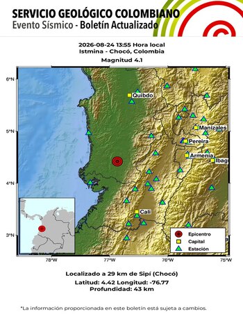 El sismo en Istmina tuvo una profundidad de 43 kilómetros y ocurrió a la 1:55 p. m., de acuerdo con el reporte del SGC - crédito @sgcol / X