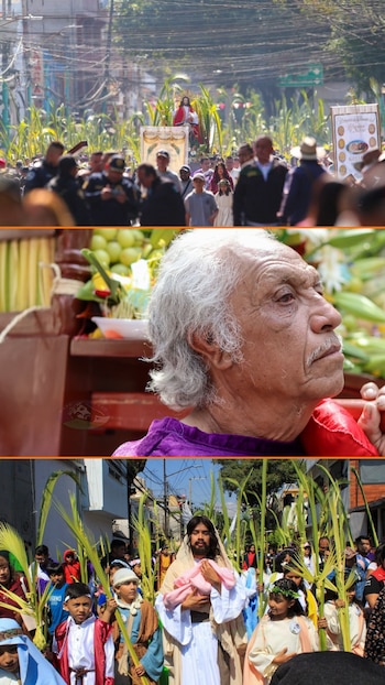 Tres paneles muestran la Pasión de Cristo en Iztapalapa: Una procesión con estatua, un hombre mayor y un actor de Jesús con niños, todos con palmas