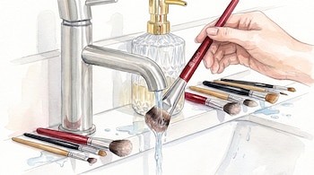 Una mano sostiene una brocha de maquillaje roja bajo un grifo cromado que vierte agua en un lavamanos blanco, junto a un dispensador de jabón y varias brochas.