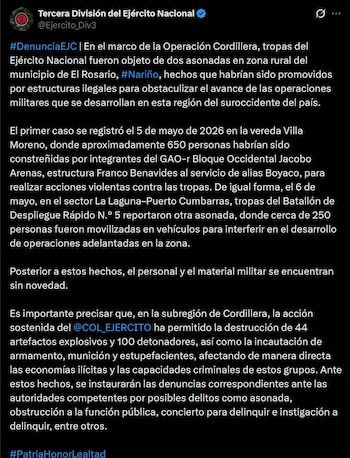 El Ejército Nacional denunció que más de 900 personas fueron instrumentalizadas por estructuras armadas ilegales para frenar operativos en Nariño - crédito @Ejercito_Div3 / X