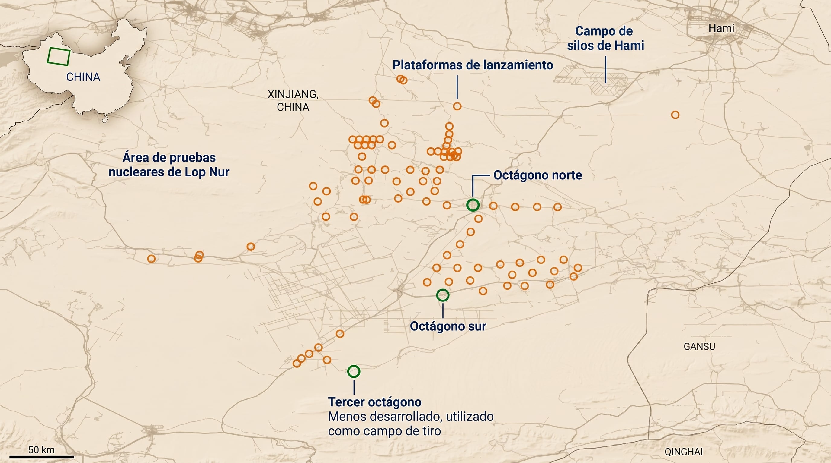 Infografía que muestra la ubicación de las plataformas de lanzamiento y los campos de silos de misiles en la región de Xinjiang, China, cerca del área de pruebas nucleares de Lop Nur. (Imagen Ilustrativa Infobae)
