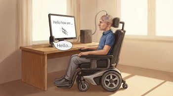 Ilustración de un hombre sentado en una silla de ruedas frente a un escritorio con una computadora, usando una interfaz cerebral. Un cable conecta su cabeza al ordenador.