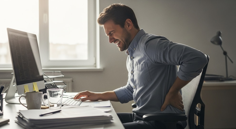Hombre de camisa azul agarrándose la espalda baja con dolor mientras está sentado frente a una computadora en una oficina iluminada por el sol.
