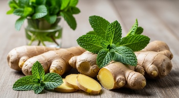 Primer plano de varias raíces de jengibre, algunas con rodajas cortadas, junto a hojas de menta fresca sobre una superficie de madera clara.
