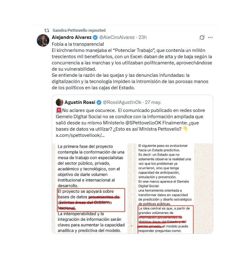 El tuit de Álvarez que respaldó Pettovello