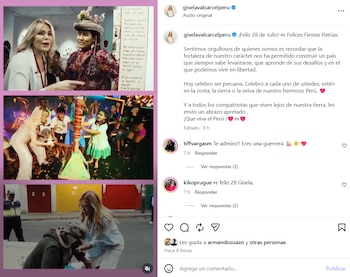 Collage de tres imágenes de Gisela Valcárcel interactuando con personas y culturas peruanas, junto a un texto de Instagram sobre Fiestas Patrias