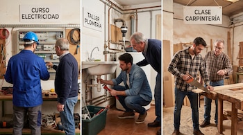 Tres paneles verticales muestran clases prácticas con instructores en talleres de electricidad, plomería y carpintería.