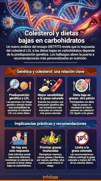Infografía titulada 'Colesterol y dietas bajas en carbohidratos' con diseño de ADN, vasos sanguíneos y células, más seis paneles de información.