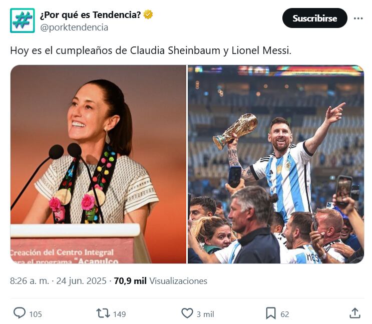 usuarios comentaron sobre el cumpleaños de Sheinbaum y Messi. (Captura de pantalla, X)