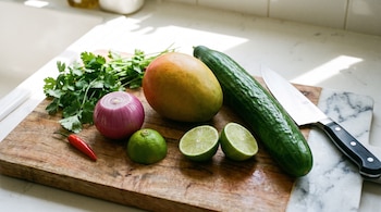 Un mango, un pepino, una cebolla morada, dos mitades de lima, un ají, cilantro, un cuchillo y una tabla de mármol sobre una tabla de madera.