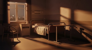 Habitación de hospital con cama, mesita de noche, silla y ventana, bañada por luz ámbar nocturna que proyecta sombras distintivas.
