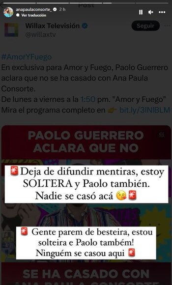 Ana Paola Consorte negó en Instagram su matrimonio con Paolo Guerrero.