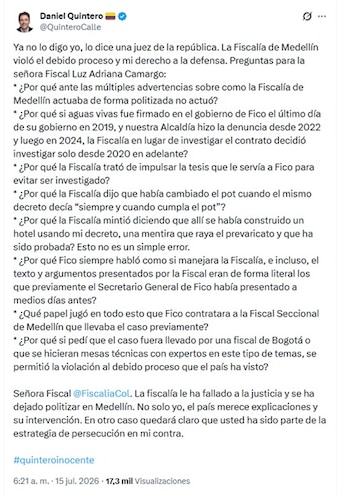 Calle compartió el mensaje vía X la mañana del miércoles 15 de julio de 2026 - crédito @QuinteroCalle/X