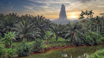 Pico rocoso vertical al fondo con vegetación tropical, palmeras y un río en primer plano al atardecer.