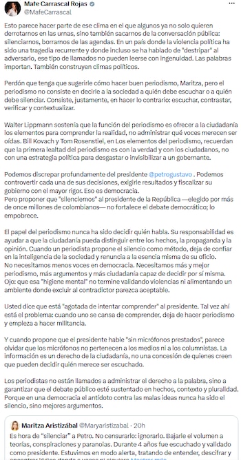 Mafe Carrascal rechazó el llamado a “silenciar” a Gustavo Petro y defendió la pluralidad democrática - crédito @MafeCarrascal/X