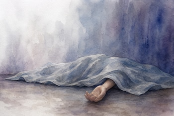 Ilustración en acuarela de un cuerpo en el suelo cubierto por una manta azul, con una mano apoyada sobre el piso.