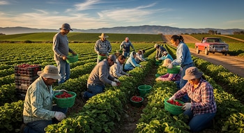 Vista amplia de varios trabajadores, incluyendo hombres y mujeres, recolectando fresas rojas en cestas verdes en un vasto campo verde bajo un cielo azul. Un camión rojo se ve en el fondo.
