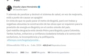 Claudia López dice que Petro está siendo una "maldita desgracia" - crédito @ClaudiaLopez