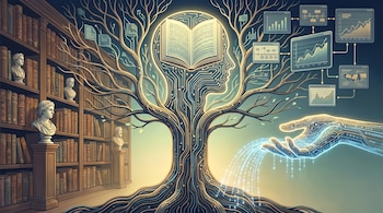 Ilustración de un árbol con ramas de circuitos y un cerebro-libro, junto a una biblioteca con bustos, y una mano digital emitiendo código binario y gráficos.