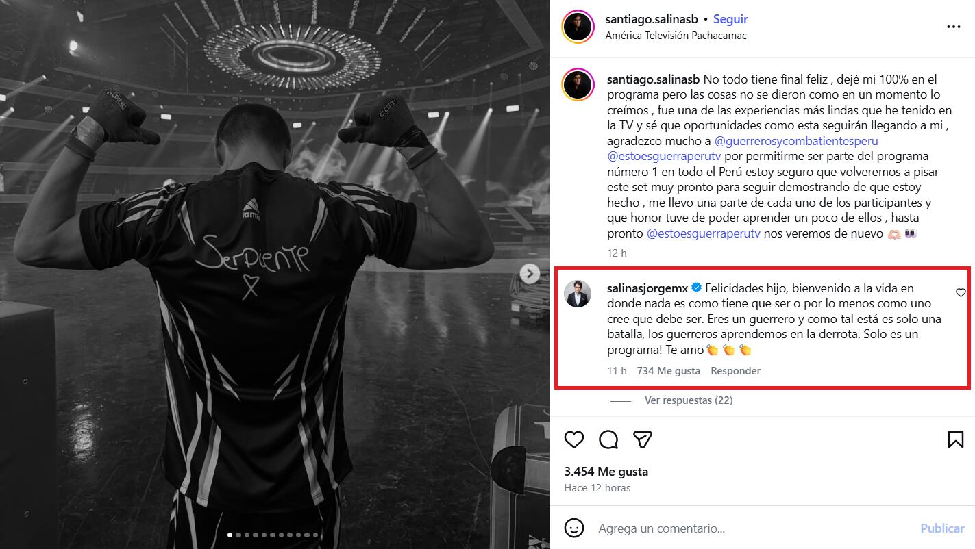 El actor Jorge Salinas envía un mensaje de apoyo y ánimo a su hijo Santiago Salinas tras su eliminación del reality show