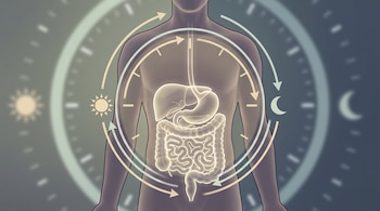 Silueta del torso humano con el tracto gastrointestinal iluminado, que incluye estómago, hígado e intestinos. Un reloj circular con flechas, sol y luna rodea la figura.