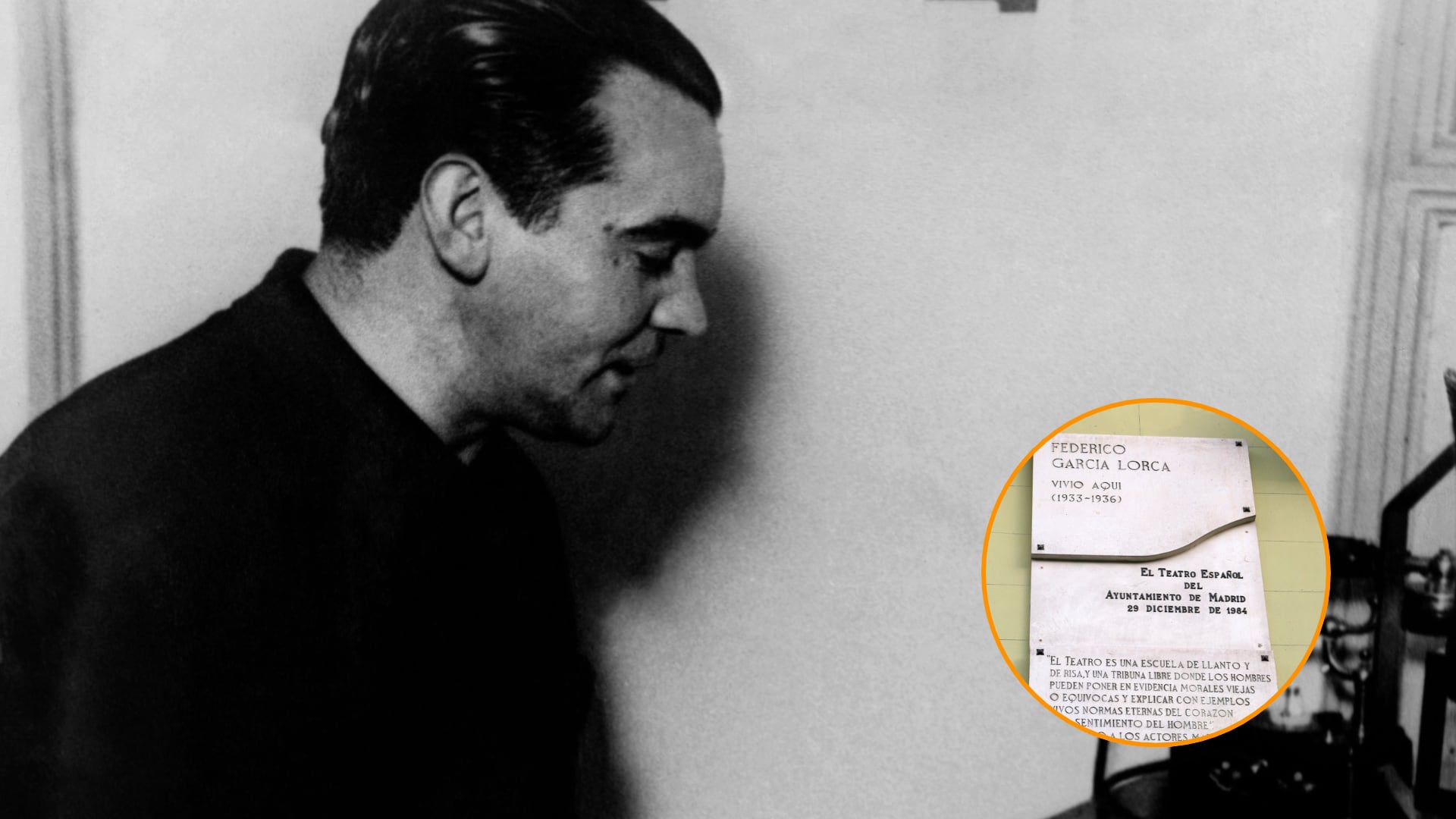 La placa del edificio de Goya 96 donde se anuncia que vivió Lorca. (Montaje Infobae)