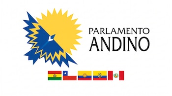 Emblema del Parlamento Andino junto al texto institucional y las banderas de Bolivia, Chile, Colombia, Ecuador y Perú.
