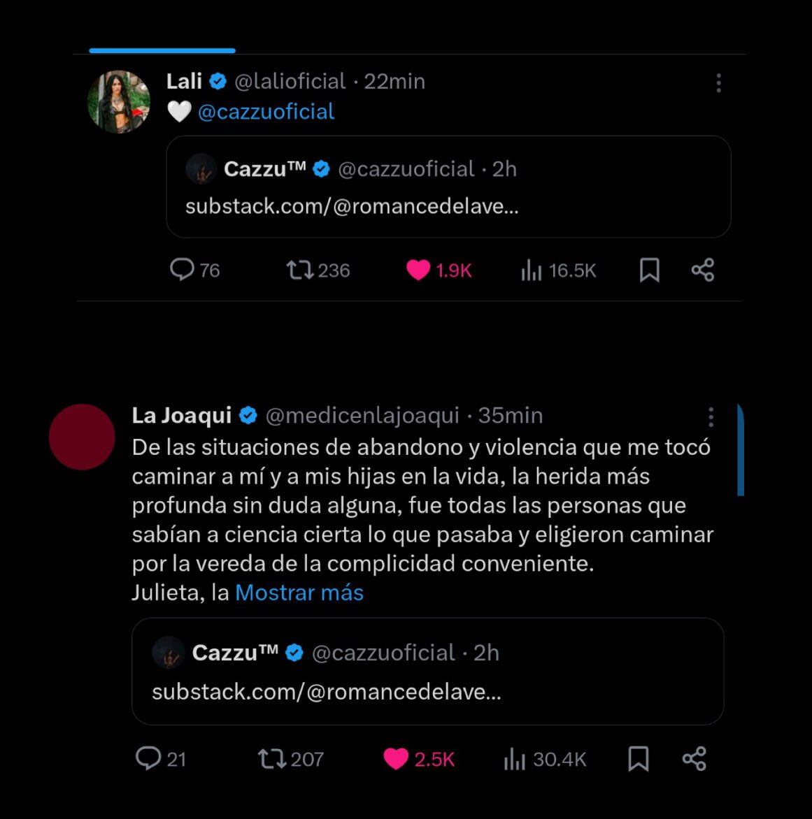 Lali Espósito y La Joaqui respaldaron públicamente a Cazzu en redes sociales después de la publicación de