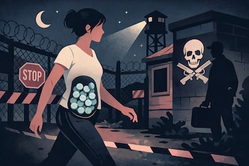 Ilustración de una mujer genérica con pastillas de fentanilo en su abdomen cruzando una frontera con vallas, caseta de vigilancia, un hombre y el logo del Cártel de Sinaloa.