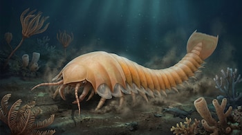 Ilustración de un Urokodia de color naranja claro y cuerpo segmentado sobre el lecho marino con crinoides y esponjas.