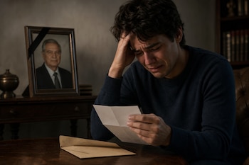 Un joven sentado a una mesa llora mientras lee una carta frente al retrato enmarcado de un hombre mayor con un lazo negro.