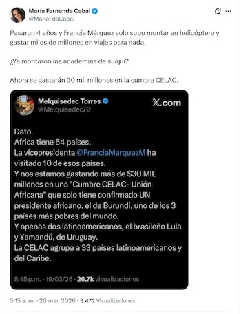 Cabal se pronunció por el dinero invertido para la realización de la cumbre en Bogotá - crédito @MariaFdaCabal/X