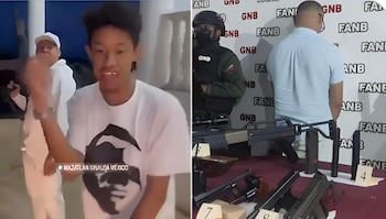 Montaje de dos imágenes: a la izquierda, Marcos Isaac Morales Agreda gesticulando; a la derecha, armas incautadas sobre una mesa y oficiales de la GNB