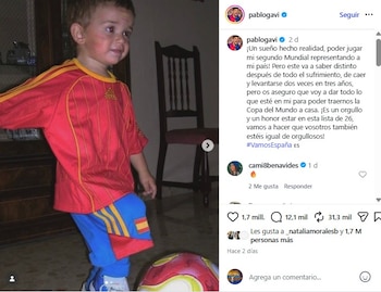 Gavi celebró en sus redes sociales su segunda participación mundialista con España, tras Qatar 2022 - crédito @pablogavi/Instagram