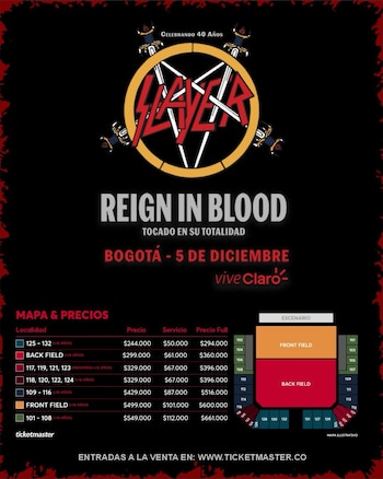 Las entradas para el concierto de Slayer en Bogotá ya están disponibles en Ticketmaster - crédito cortesía Move Concerts