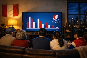 Una familia peruana de espaldas en una sala de estar observa un televisor grande mostrando un gráfico de barras y el logo de Transparencia de noche.