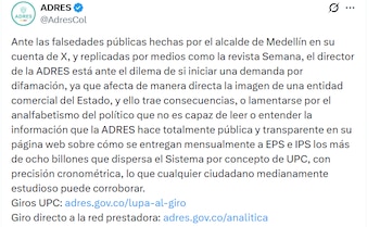 La Adres anuncia una demanda por difamación contra el alcalde de Medellín, Federico Gutiérrez, tras afirmar que sus declaraciones afectan la credibilidad institucional - crédito Adres/X