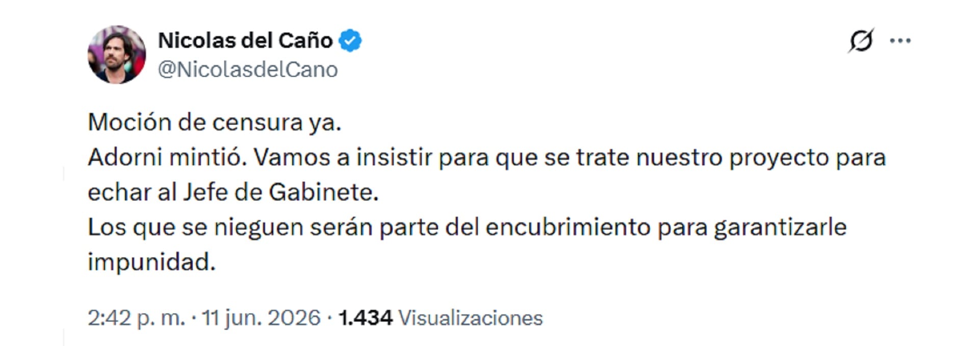 Del Caño también pidió la moción de censura contra Adorni