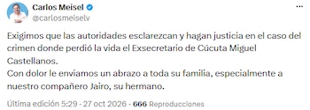Carlos Meisel pidió que se esclarezca el homicidio - crédito @carlosmeiselv/X