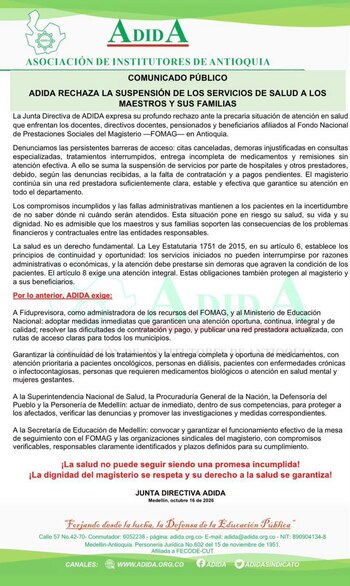 Asociación de Institutores de Antioquia denuncia fallas en la atención médica de los afiliados al FOMAG en Antioquia. - crédito ADIDA