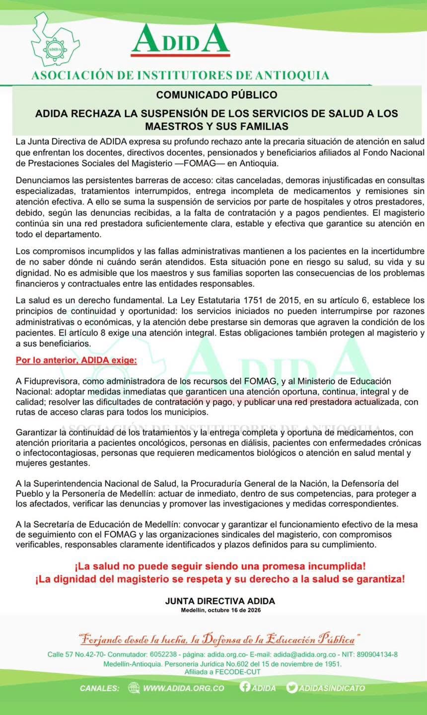 Asociación de Institutores de Antioquia denuncia fallas en la atención médica de los afiliados al FOMAG en Antioquia. - crédito ADIDA