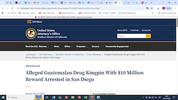 Captura de pantalla de la página web justice.gov mostrando un comunicado de prensa sobre la detención de un presunto narcotraficante guatemalteco en San Diego