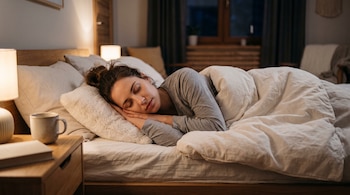 Una mujer duerme en una cama bajo un edredón claro, sobre una almohada blanca y con la cabeza apoyada en sus manos.