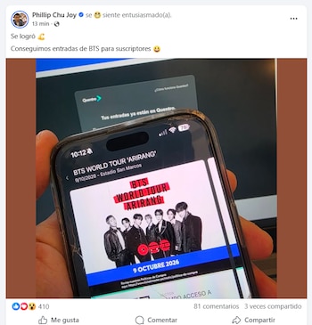 Smartphone con pantalla de evento BTS World Tour 'Arirang' en Estadio San Marcos, 9 de octubre de 2026. Detrás, pantalla de computadora con mensaje 'entradas en Quentro'