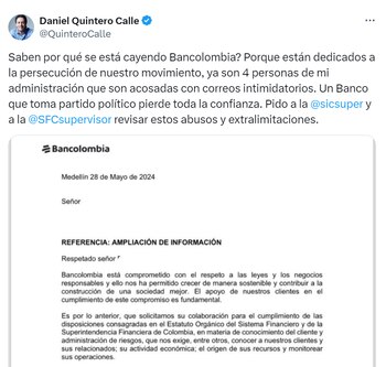 El exalcalde de Medellín aseguró que Bancolombia está ejerciendo presión contra cuatro de sus funcionarios - crédito red social X